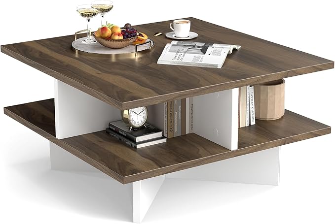 GOFLAME Farmhouse Coffee Table with Storage, 2-Tier Square Center Table with 4 Storage Compartments & Cross-Shape Base, Modern, Wood Tea Tables for Living Room, Lounge, Walnut + White