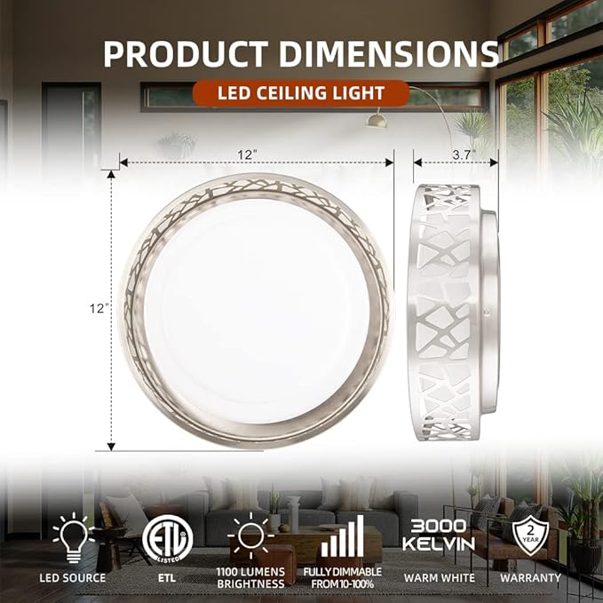 Flush Mount Light Fixtures, 12 Inch Dimmable LED Kitchen Ceiling Lights, 15W 1100 Lumens 3000K Warm White, ETL Listed,Brush Nickel Finished,Metal Body and Acrylic Shade