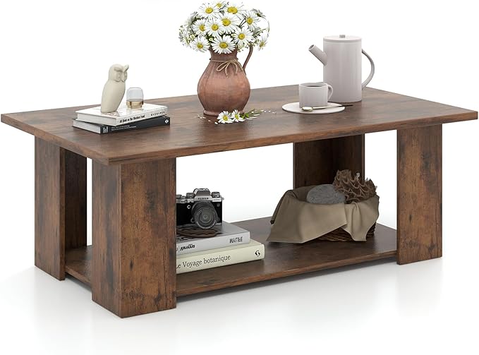 Tangkula 2-Tier Coffee Table, Modern Rectangular Center Cocktail Table with 5 Support Legs, Wooden Accent Living Room Furniture, Small Coffee Table for Small Spaces, Easy Assembly (Rustic Brown)