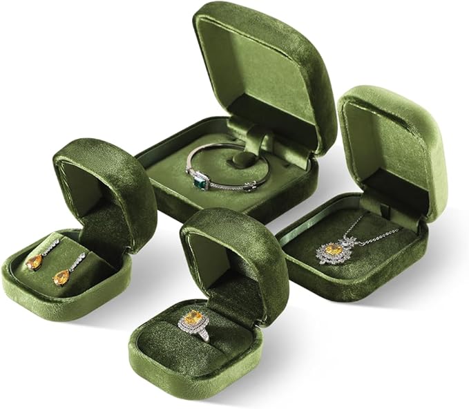 Resilient Velvet Ring Earrings Bracelet Necklace Display Box, Travel Mini Jewelry Organizer Case (Green, Necklace Box)