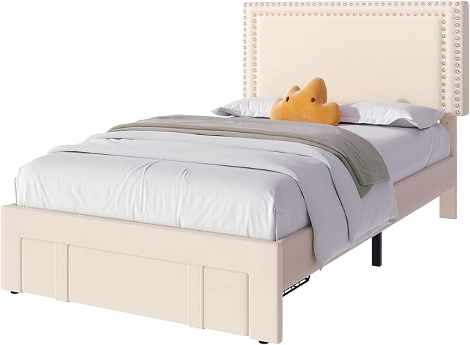 VECELO Twin Platform Bed Frame with Storage Drawer, Adjustable Velvet Rivet Headboard, Wooden Slats Support, No Box Spring Needed, Easy Assembly