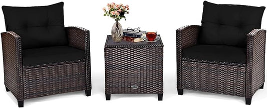 Tangkula 3 Pieces Patio Furniture Set, PE Rattan Wicker 3 Pcs Outdoor Sofa Set w/Washable Cushion and Tempered Glass Tabletop, Conversation Furniture for Garden Poolside Balcony (Black)