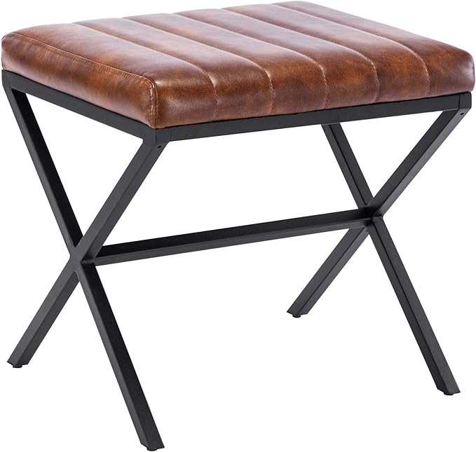 DUHOME Vanity Stool,Faux Leather Ottoman Chair for Vanity,Small Vanity Bench with Metal X Legs, Rectangle Vanity Seat Foot Rest Stool for Dressing Room, Living Room, Bathroom,Yellowish Brown