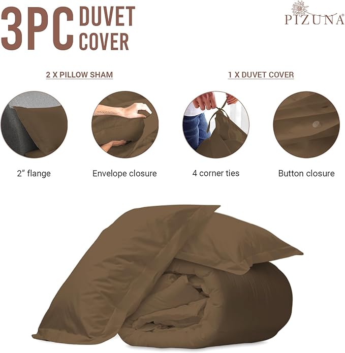 Pizuna Pure 100% Cotton Queen Duvet Cover Set, Luxurious 400 Thread Count Long Staple Cotton Sateen Weave with Button Closure (Combed Woody Brown Cotton Duvet Cover Queen)