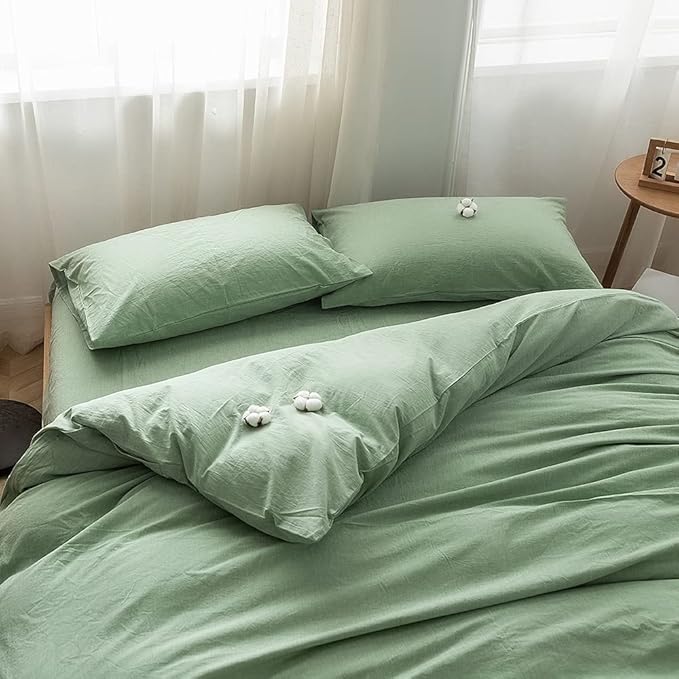FACE TWO FACE Bedding Duvet Cover Set100% Washed Cotton Duvet Cover Linen Like Textured Breathable Durable Soft Comfy (Twin, Green)