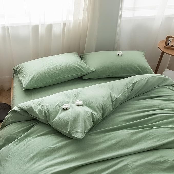 FACE TWO FACE Bedding Duvet Cover Set100% Washed Cotton Duvet Cover Linen Like Textured Breathable Durable Soft Comfy (California King, Green)