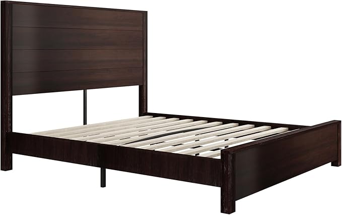 AMERLIFE Full Size 51.2" Wood Bed Frame, Rustic Platform Bed with Spliced Headboard, Wood Slats Support/Noiseless/No Box Spring Needed/Dark Brown
