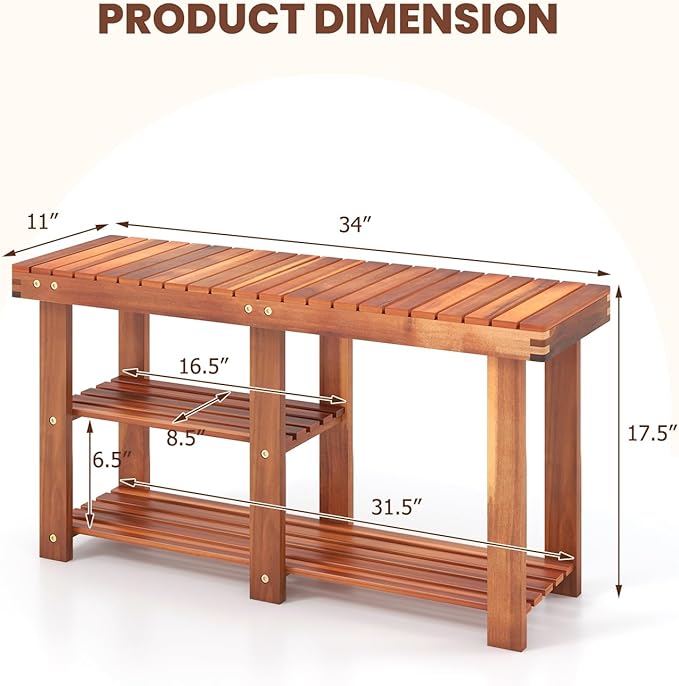 Tangkula 3-Tier Shoes Rack Bench, Entryway Storage Bench Shoes Organizer with Seat, Shoe Shelf for Boots, Acacia Wood Bench for Hallway, Bathroom, Living Room, Corridor Garden