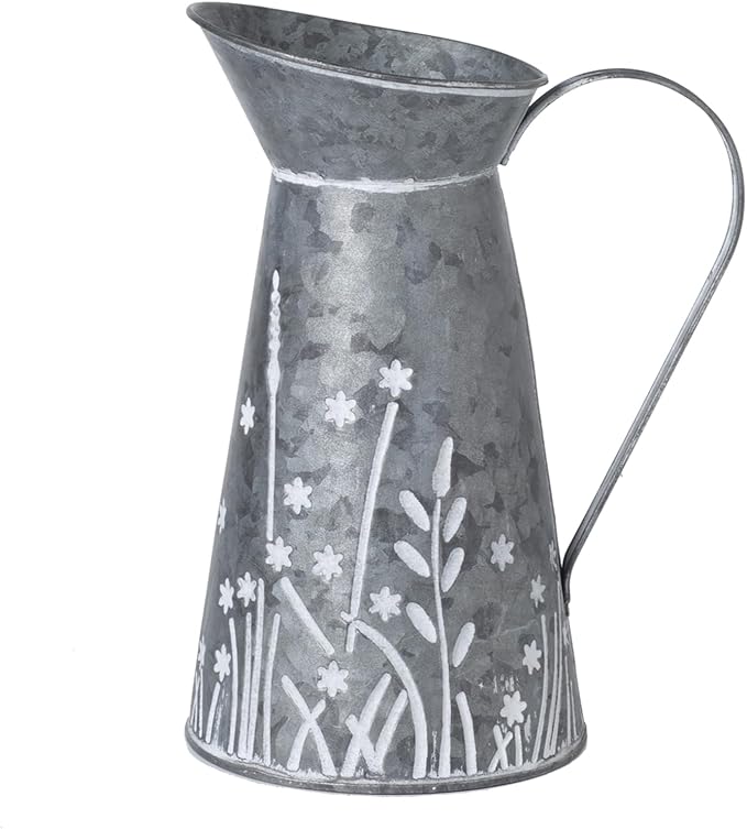 Vintage Galvanized Metal Pitcher Vase, Farmhouse Rustic Flower Vase with Handle, Decorative Floral Milk Jug Vase for Home Décor, 10.8’’H