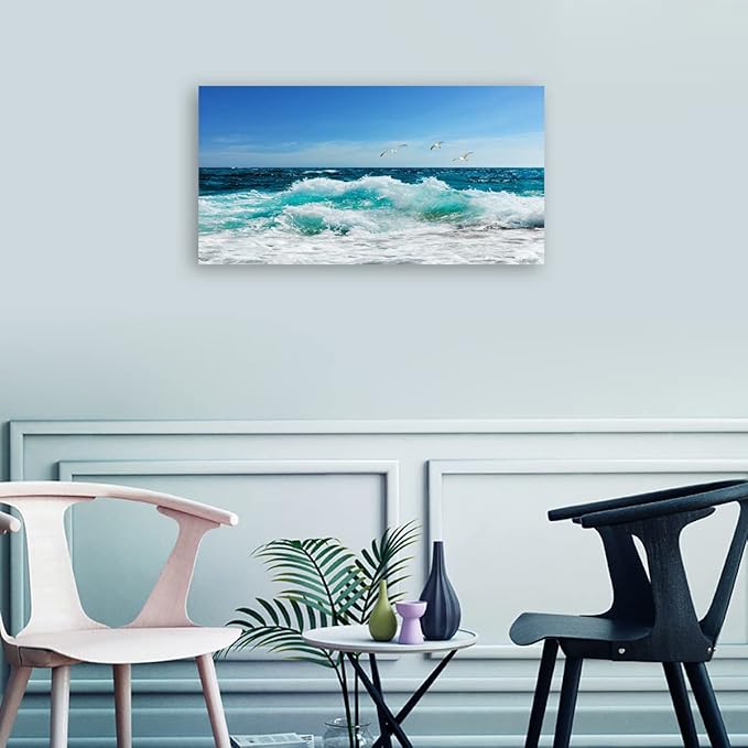 tigeridge Sea Beach Canvas Wall Art for Living Room Wall Decor Ocean Waves Canvas Pictures Blue Surfing Water Seagull Canvas Prints Artwork Office Home Wall Decorations Framed Ready to Hang 24" x 48"