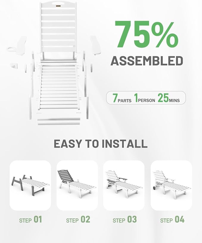 Lounge Chair Outdoor Set of 4 with Wheels, Adjustable 6-Position Chaise Lounge Outdoor, Patio Lounge Chair for Poolside Backyard, White