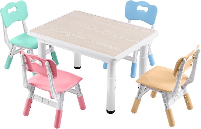Kids Table and 4 Chairs Set, Height-Adjustable Toddler Table and Chairs with Graffiti Desktop, 31.5''L x 23.6''W Children Activity Table for Daycare, Classroom, Home