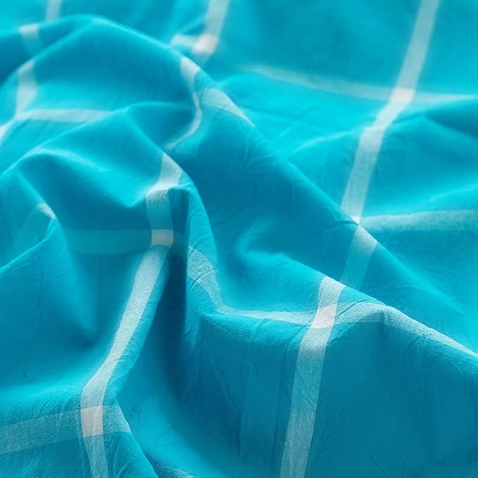 FACE TWO FACE Bedding Duvet Cover Set100% Washed Cotton Duvet Cover Linen Like Textured Breathable Durable Soft Comfy(Twin, Turquoise Grid)