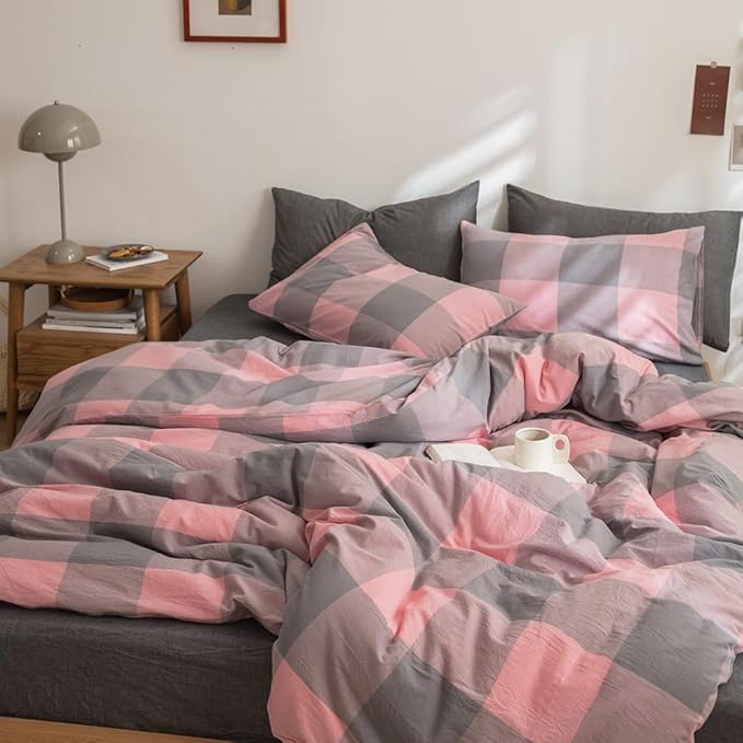 FACE TWO FACE Bedding Duvet Cover Set100% Washed Cotton Duvet Cover Linen Like Textured Breathable Durable Soft Comfy (King, Grey Powder Grid)