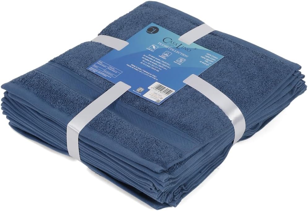 Casa Lino Face Towels & Body Wash Cloths for Showering - 100% Cotton Wash Cloths for Bathroom - Highly Absorbent & Quick Drying Washcloth Set - Cotton Washcloths 24 Pack (12" x 12") - (Cobalt Blue)