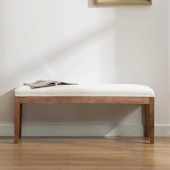 Upholstered Entryway Bench Farmhouse Shoe Benches for Hallway Porch Bedroom Bench for End of Bed Dining Bench for Dining Table Dining Room Kitchen Window with Wood Legs, Linen, Beige