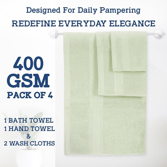 Casa Lino 4 Piece Bath Towel Set | 1 Bath Towel, 2 Wash Cloth, 1 Hand Towels | Bathroom Essentials for New Home, 100% Cotton Luxury Towels, Highly Absorbent Bathroom Set, Light Sage