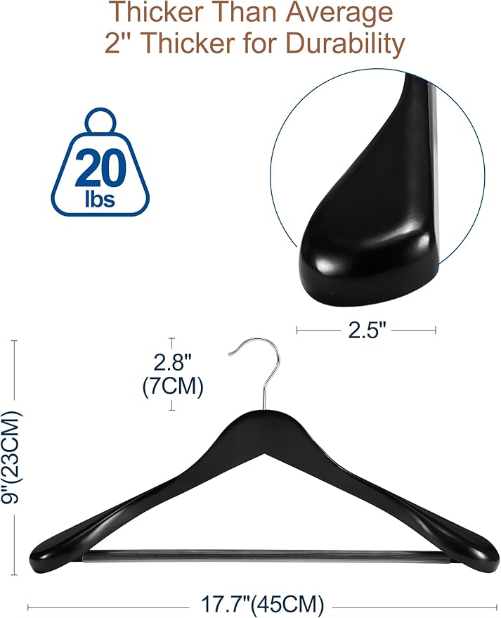 HOUSE DAY High-Grade Suit Hangers, Wide Shoulder Wooden Hangers with Non Slip Pants Bar, Smooth Finish 360° Swivel Hook Solid Wood Coat Hangers for Dress, Jacket, Heavy Clothes Hanger 6 Pack (Black)