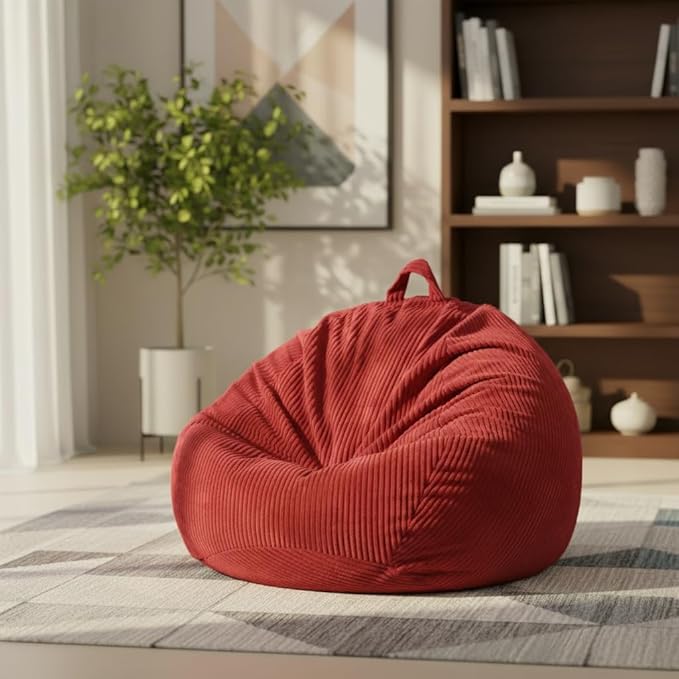 Stuffed Animal Storage Bean Bag Chair Cover, Cover Only (No Filler), Corduroy Toy Organizer Floor Cushion Seat, 48 in/120 cm Slipcover for Teens & Adults, Red