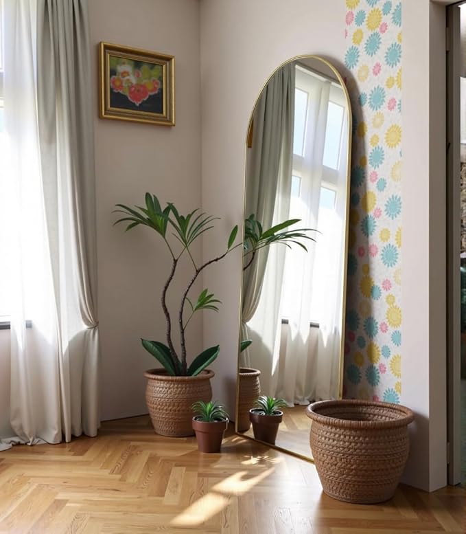 OGCAU Full Length Mirror, 58"x18" Arched Full Body Hanging, Leaning or Standing Floor Mirror, Wall Mounted for Bedroom Living Room with Aluminum Frame, Gold