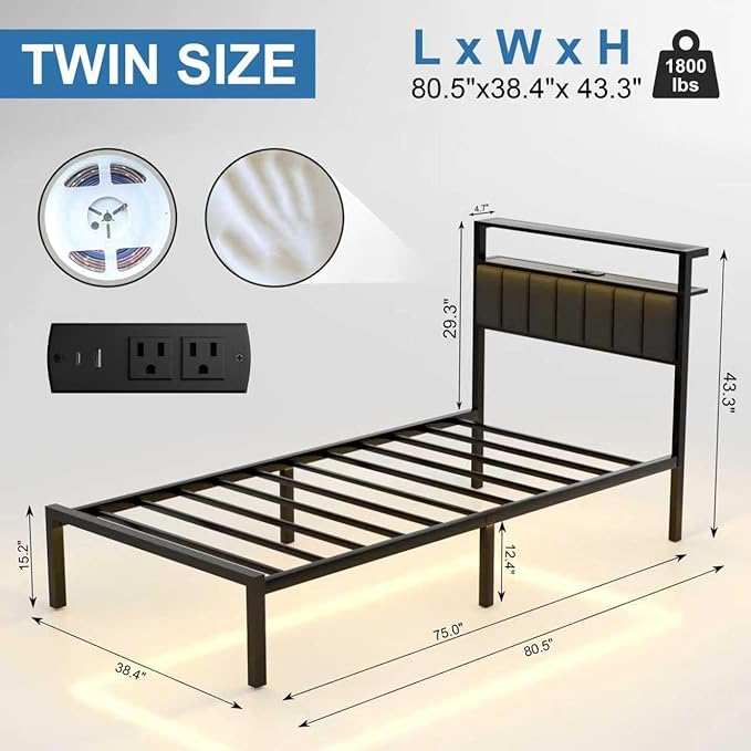 Twin Bed Frames with Charging Station and LED Lights, Twin Size Platform Bed with Metal Slats, Upholstered Headboard with 2-Tier Storage Shelves, No Box Spring Needed, Easy Assembly, Black