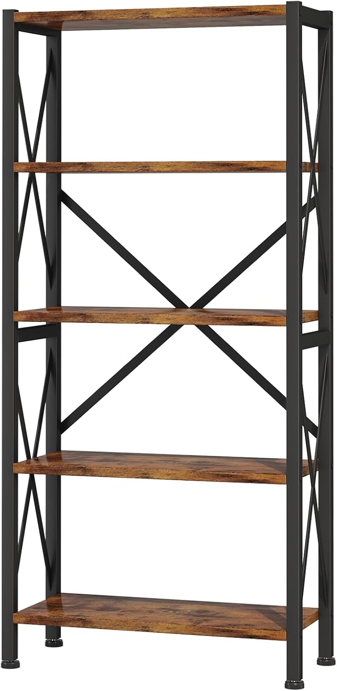 Homeiju 5-Tier Bookshelf,Wood Bookcase,Book Shelf with Steel Frame, Storage Rack with Open Shelves, Rustic Standing Bookshelves Ladder Shelf 110lbs/shelf for Bedroom,Living Room and Home Office