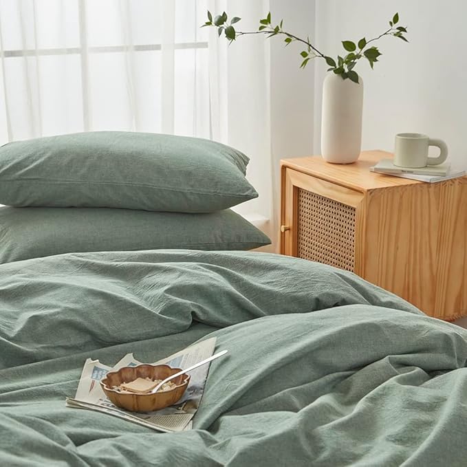 FACE TWO FACE Bedding Duvet Cover Set100% Washed Cotton Duvet Cover Linen Like Textured Breathable Durable Soft Comfy (Twin, Reversible Green)
