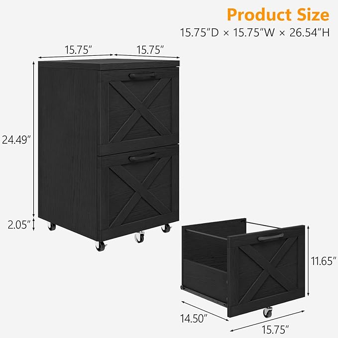 Farmhouse File Cabinet with 2 Drawers, Vertical Filing Cabinet on Wheels for Letter/A4 Size Hanging Files, Mobile File Cabinets Printer Stand for Home Office, Black