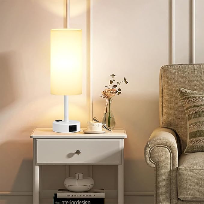 Matte White Bedside Table Lamp for Bedroom - 3 Way Dimmable Touch Lamp USB C Charging Ports and AC Outlet, Small Lamp Round Flaxen Fabric Shade for Living Room, Desk, LED Bulb Included