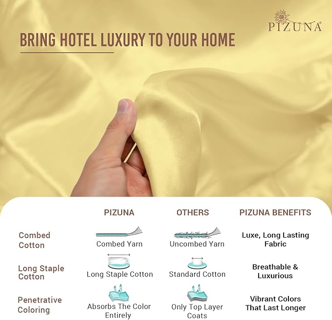Pizuna Pure 100% Cotton Twin Duvet Cover Set, Luxurious 400 Thread Count Long Staple Cotton Sateen Weave with Button Closure (Combed Mellow Yellow Cotton Duvet Cover Twin)