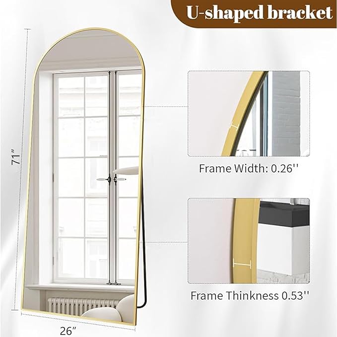 Koonmi Arched Full Length Mirror, 71"x26" Full Body Floor Mirror Standing Hanging or Leaning Wall, Full Body Mirror with Stand, Aluminum Alloy Thin Frame for Bedroom Living Room, Gold