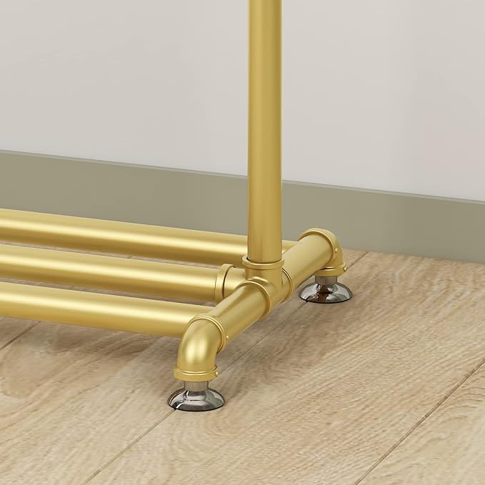 Industrial Gold Clothing Racks on Wheels, Boutique Display Gold Clothes Rack with Shelf, Rolling Garment Rack for Retail Use