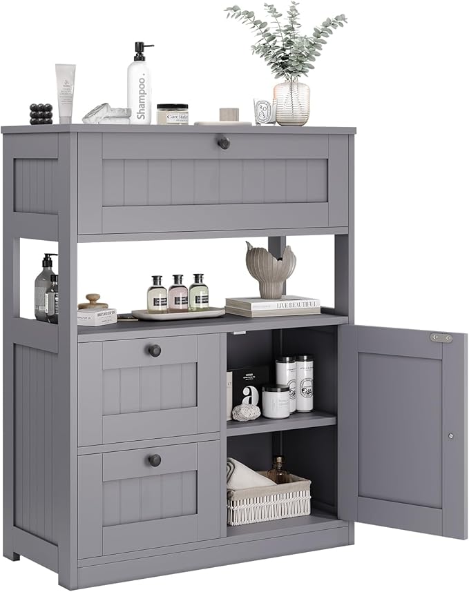 Bathroom Cabinet, Modern Bathroom Floor Storage Cabinet Organizer with 1 Door and 3 Drawers, Freestanding Cupboard for Kitchen/Living Room Use
