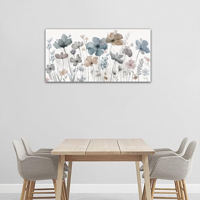 Elegant Flowers Canvas Wall Art - Floral Pictures for Wall Decor Indigo Brown Grey Canvas Painting Nature Printing Artwork for Living Room Bedroom Home Office Wall Decoration 24" x 48"