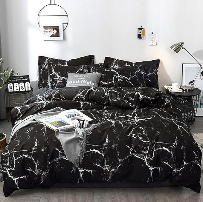 Black Marble Comforter Set King Size 3-Piece Bedding Set with 1 Soft Comforter and 2 Pillowcases Modern Luxury Style All Season for Cozy Sleep