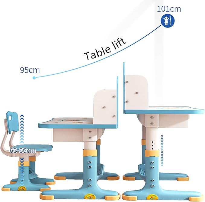 Kids Desk and Chair Set, Height Adjustable Children Study Desk, Golden Distance Preventing Myopia Design, Children Study Desk with Spacious Storage Drawer for Boys Girls School Home Study Tool (Blue)