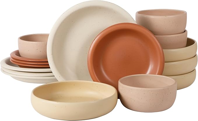 Bloomhouse Corsica Clay 16 Piece Stoneware Rustic Reactive Glaze Dinnerware Set - Stackable Plates and Bowls Set. Service for 4 - Matte Assorted Colors