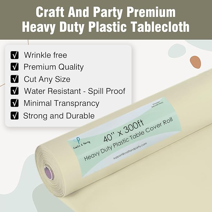 Craft And Party Ivory Plastic Table Cover Roll, 40Inch X 300Feet Disposable Plastic Tablecloth, Banquet Rectangle Tablecover Roll