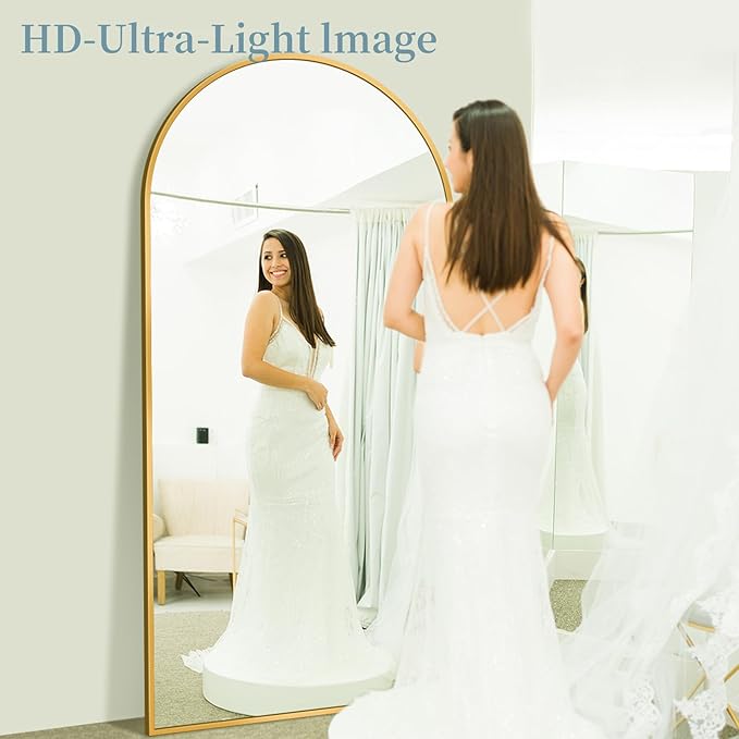 Full Length Mirror with Stand, 82"x44" Arched Full Body Mirror, Large Stand Up Mirrors, Aluminum Frame Floor Standing Mirrors, Freestanding Hanging Leaning Mounted for Bedroom Living Room Gold