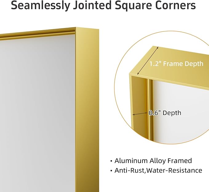 36x30 Inch Gold Bathroom Mirrors for Over Sink, Rectangular Vanity Mirror, Aluminum Framed Mirrors, Tempered Glass, High-Definition Wall Mounted Mirror (Horizontal/Vertical)