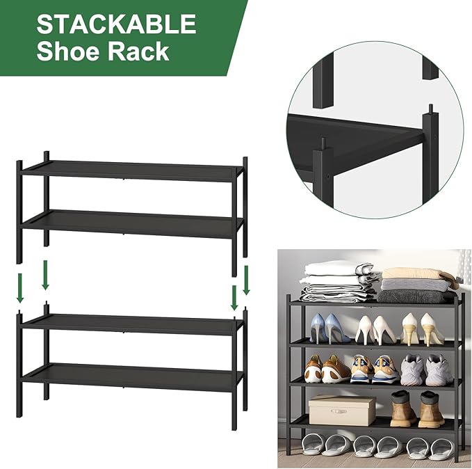 Shoe Rack for Entryway, Black Bamboo Shoe Rack 4-Tier, Stackable Shoe Organizer for Hallway Closet, Free Standing Shoe Racks for Indoor Outdoor