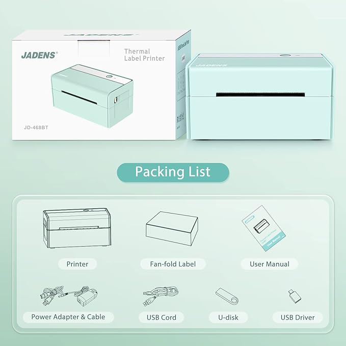 JADENS Bluetooth Thermal Label Printer -Wireless Shipping Label Printer for Small Business & Package, USPS, Etsy, Amazon, Compatible with iPhone, Windows, Android, 4x6, Label Maker, Green