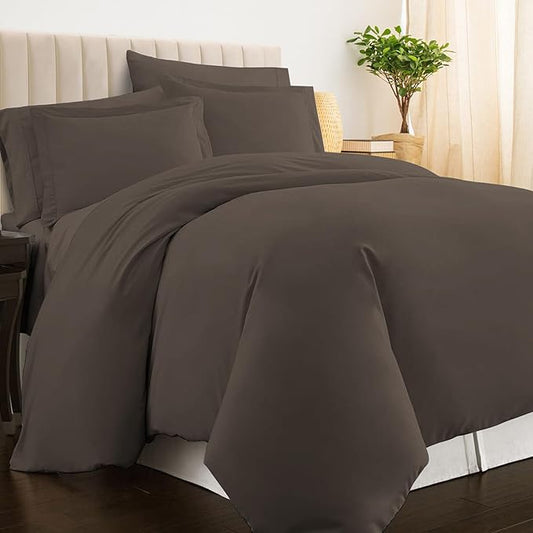Pizuna Pure 100% Cotton Queen Duvet Cover Set, Luxurious 400 Thread Count Long Staple Cotton Sateen Weave with Button Closure (Combed Dark Brown Cotton Duvet Cover Queen)