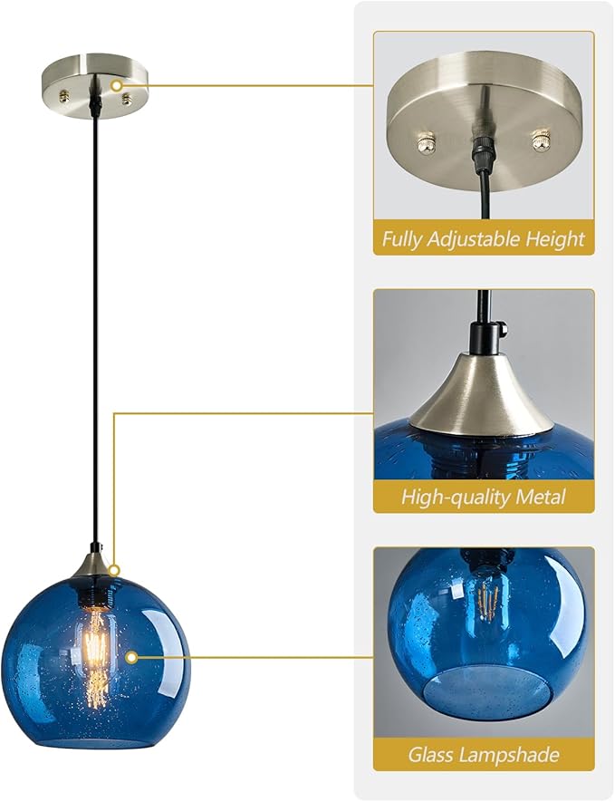 Blue Glass Pendant Lights Kitchen Island Lighting Globe Pendant Light Fixtures Modern Pendant Lighting for Kitchen Island Bedroom Living Dining Room Light Fixture(7.87in, 2-Pack)