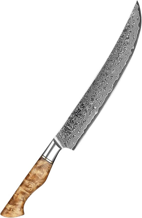 HEZHEN Slicing Knife 10 inch - Granton Carving Knives Hollow Ground Meat Knife Kitchen Long Slicer & Carver - Figured Sycamore Wood Handle - Gift Box Included - Master Series