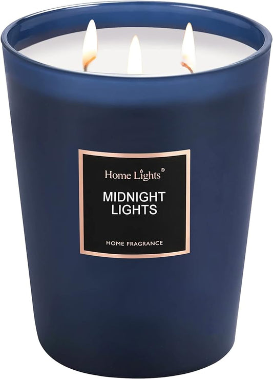 HomeLights Highly Scented Soy Candles Big 33.3 oz for Home. 3 Cotton Wicks, Smokeless Long Lasting 130 hrs in Midnight Lights. 5x6, Great Gift for Women & Men