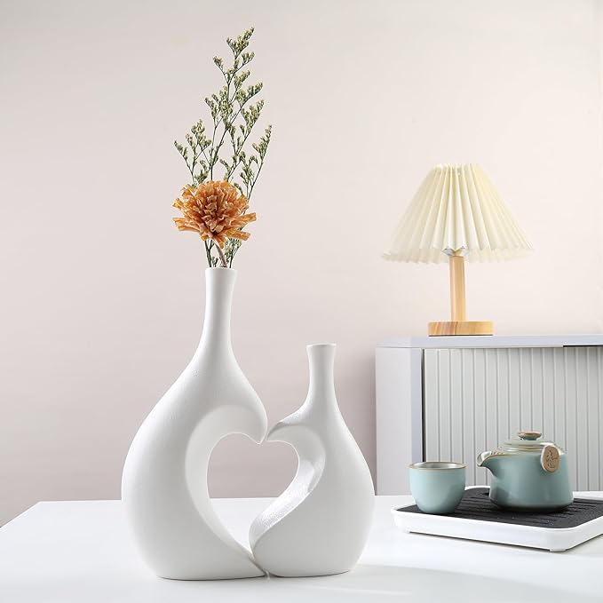 White Ceramic Vase Set of 2,Heart Shaped vase, Matte Frosted Texture Finish,Farmhouse Decor, Home Decor, Vases for Your Bedroom, Office, Living Room, Bathroom (White)