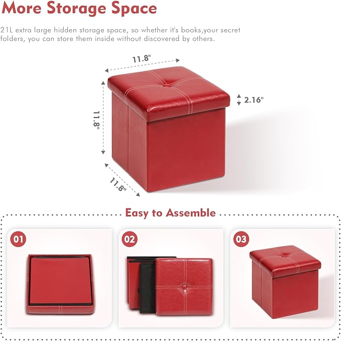 B FSOBEIIALEO Folding Storage Ottoman, Faux Leather Footrest Seat Coffee Table Toy Chest for Kids, Red 11.8"x11.8"x11.8"
