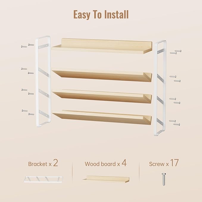 MUDEELA 4 Tier Spice Rack Organizer for Cabinet, Vertical Spice Shelf, Wooden Material, Seasoning Organizer for Countertop, Kitchen, Pantry, Freestanding, 13.4" W × 11.2" H (No Jars Included), White