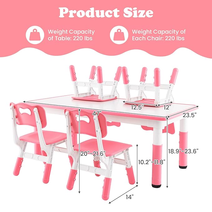 INFANS Kids Table and Chiar Set, Height Adjustable Toddler Desk and 4 Chairs with Graffiti Desktop Non-Slip Legs, Large 47" L x 23.5" W Multi-Activity Art Table for Daycare Classroom Home (Pink)